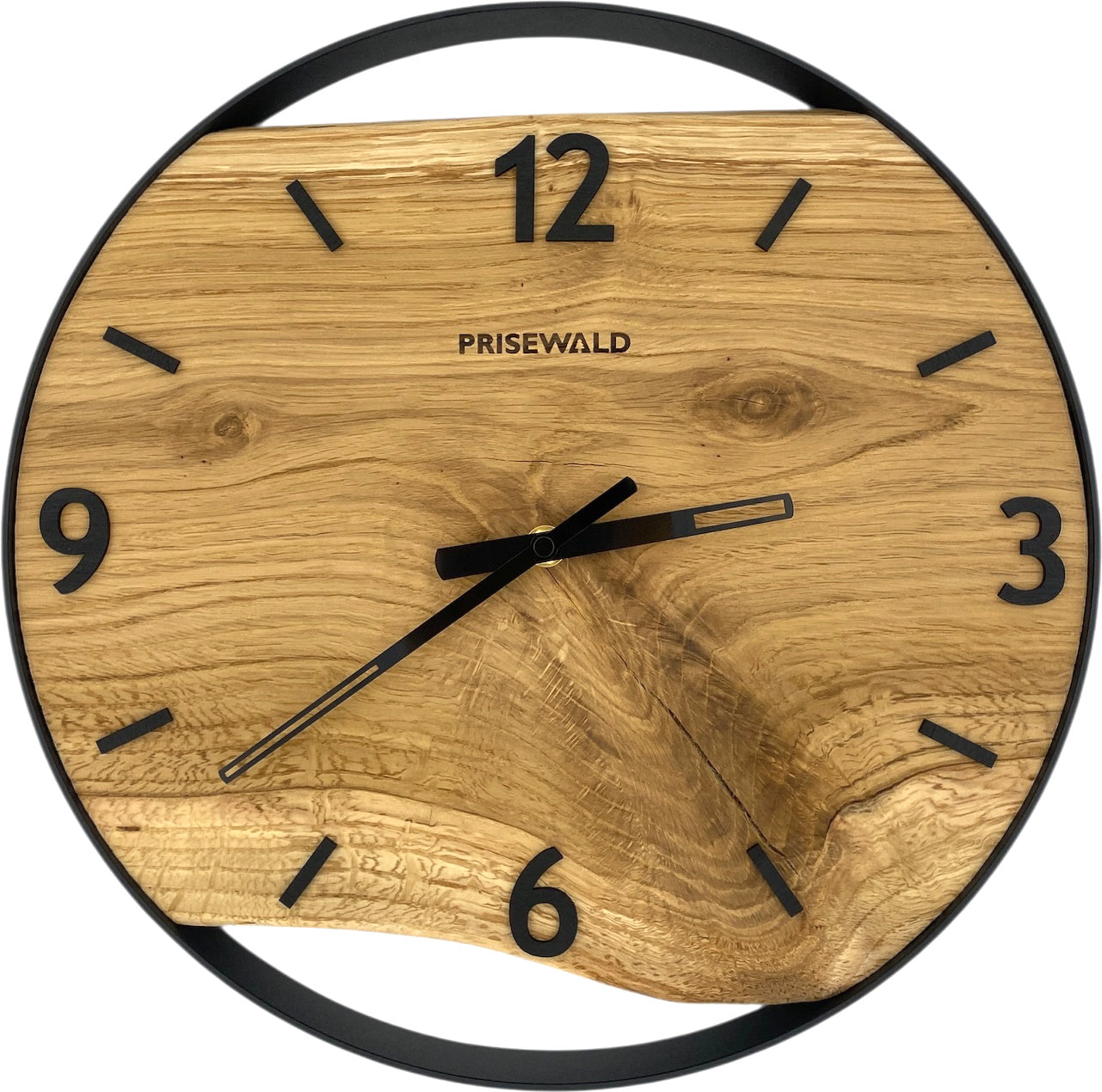 Runde Wanduhr aus Eichenholz, 35 cm, schwarzer Rahmen, arabische Ziffern