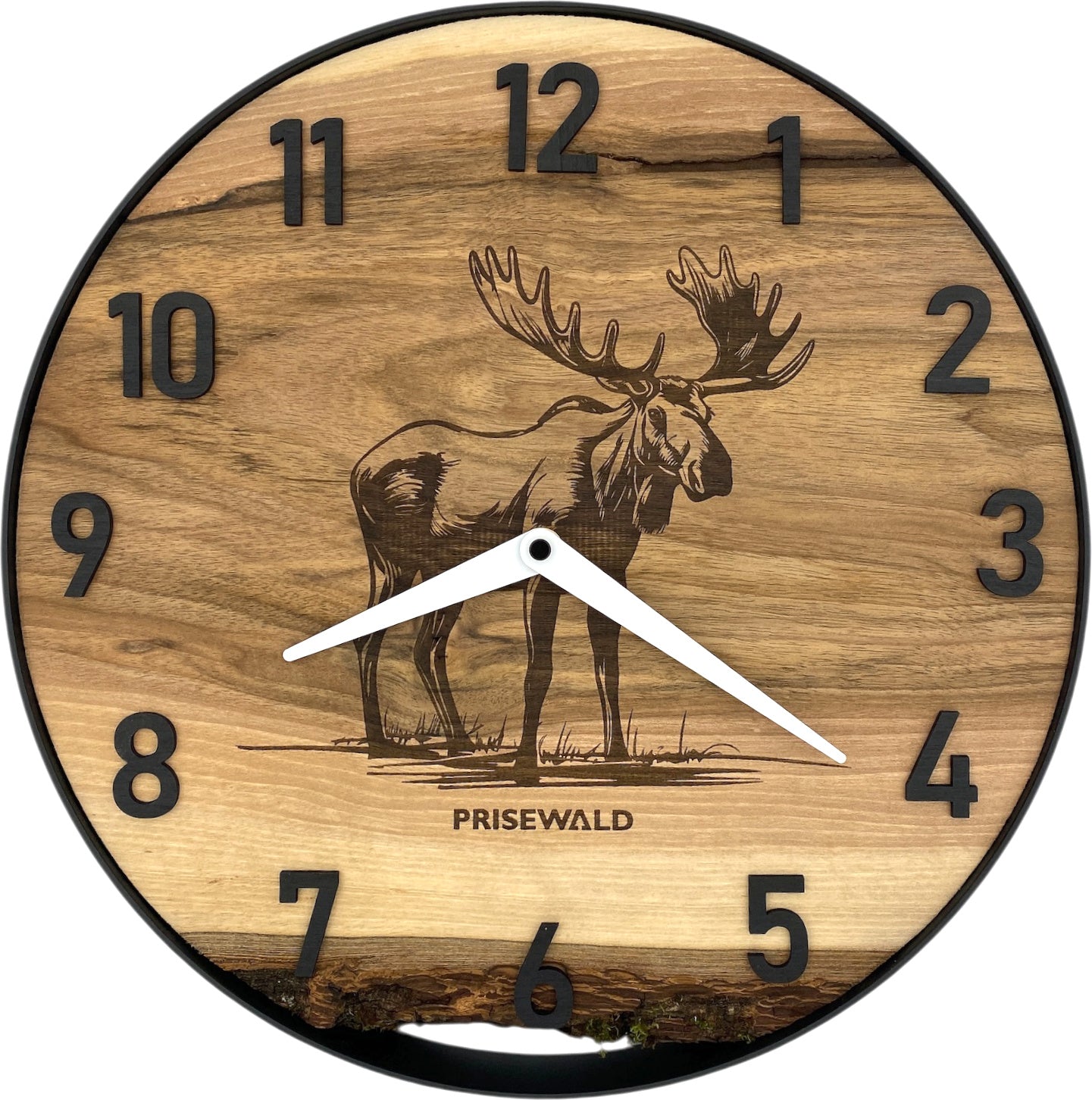 Round wall clock made of walnut wood, 35 cm, black frame, Arabic numerals, hairline crack in epoxy resin, 