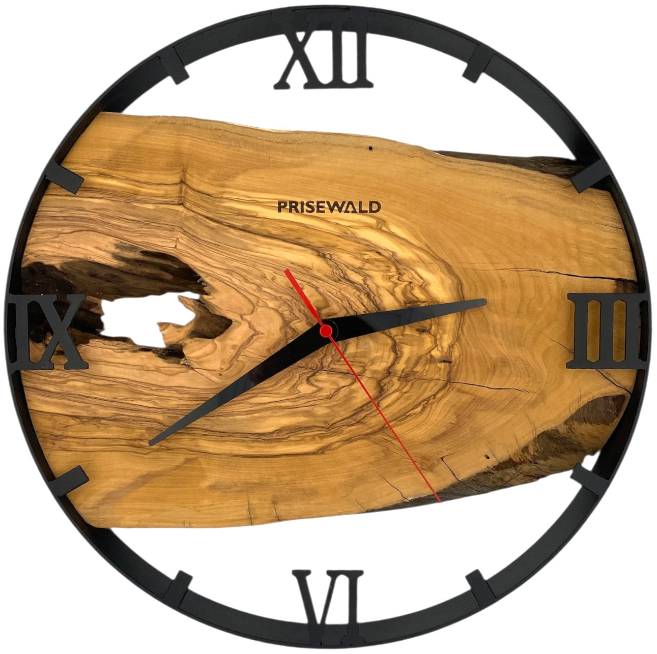 Runde Wanduhr aus Olivenholz, 35 cm, schwarzer Rahmen, römische Ziffern