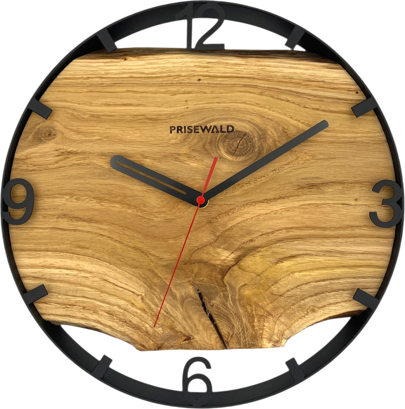 Runde Wanduhr aus Eichenholz, 35 cm, schwarzer Rahmen, arabische Ziffern