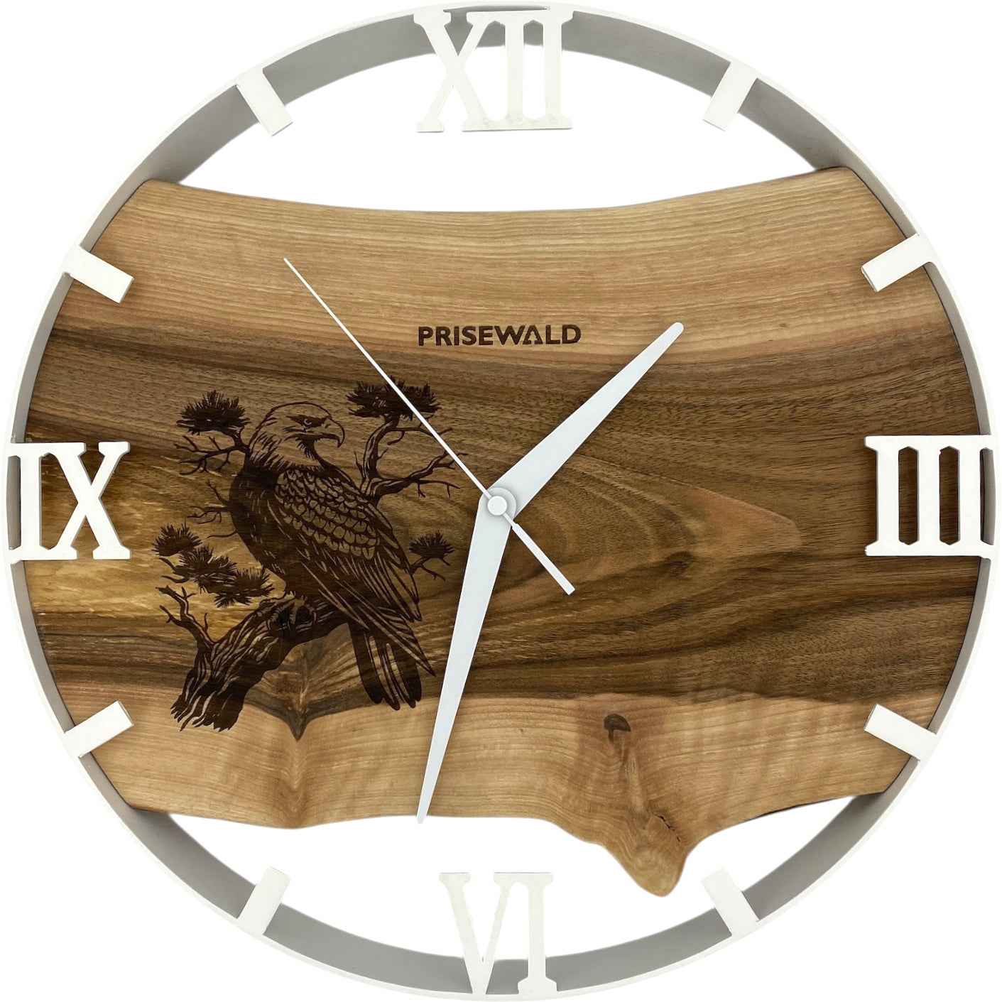 Runde Wanduhr aus Walnussholz, 35 cm, weisser Rahmen, römische Ziffern, Der Adler auf dem Baum