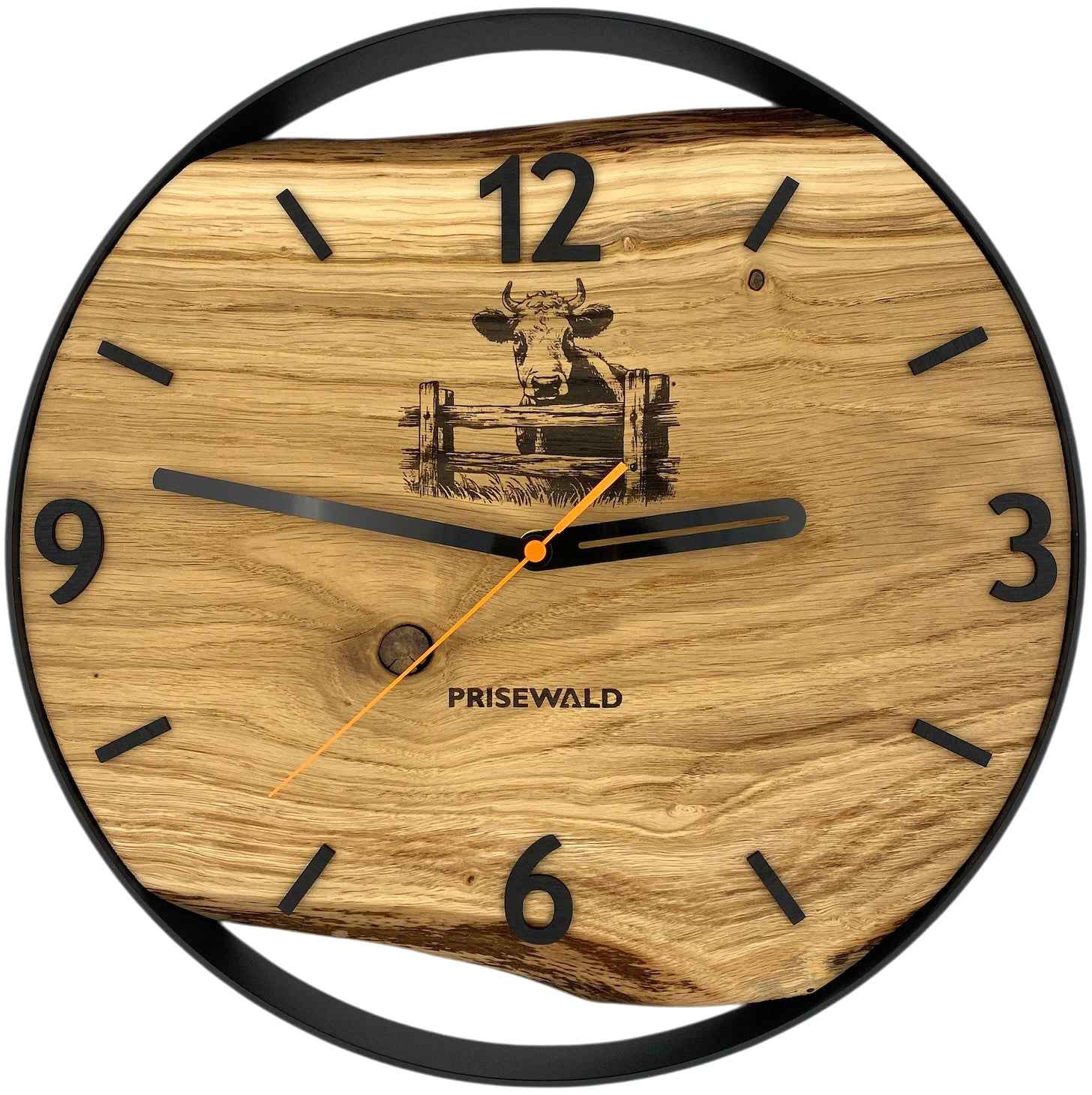 Runde Wanduhr aus Eichenholz, 35 cm, schwarzer Rahmen, arabische Ziffern, Kuh