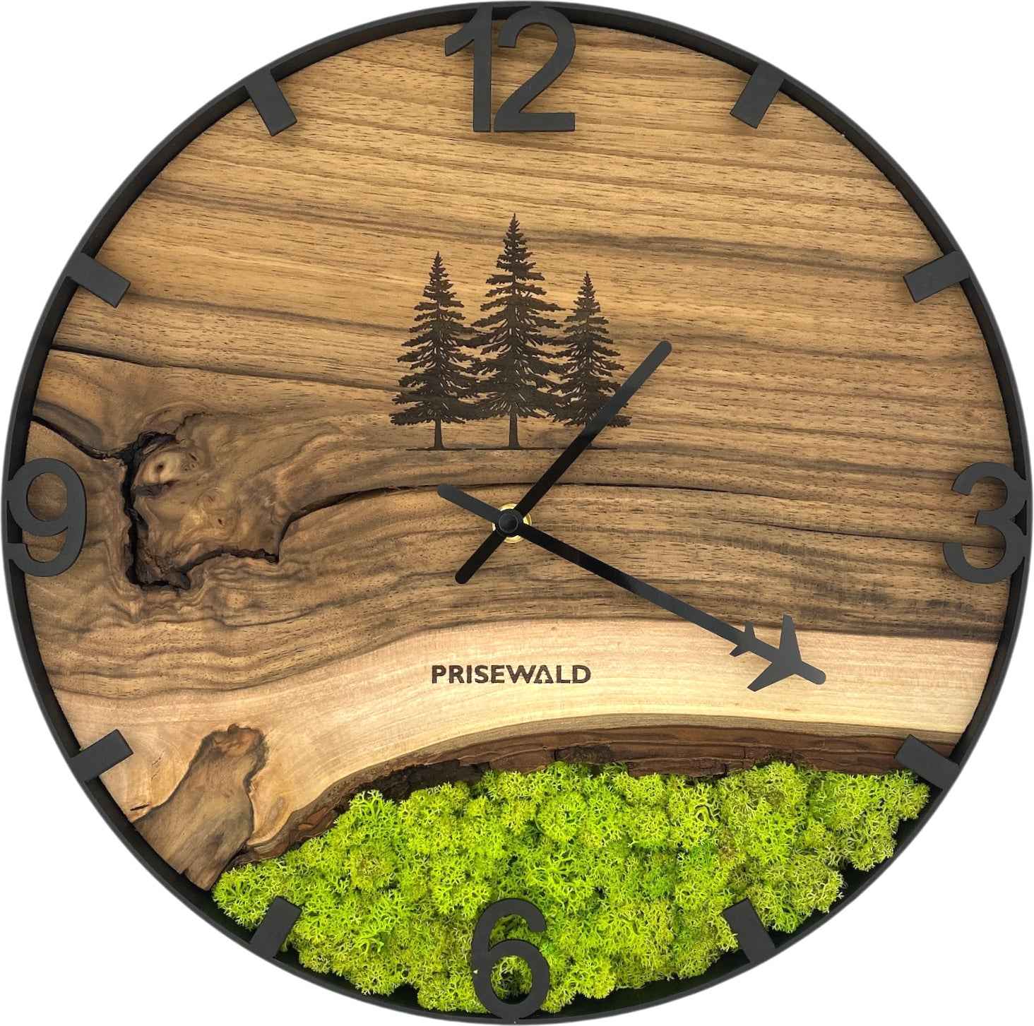 Runde Wanduhr aus Walnussholz, 35 cm, schwarzer Rahmen, arabische Ziffern, grünes Moos, 3 Tannenbäume