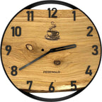 Runde Wanduhr aus Eichenholz, 35 cm, schwarzer Rahmen, arabische Ziffern, Eine Tasse Kaffee
