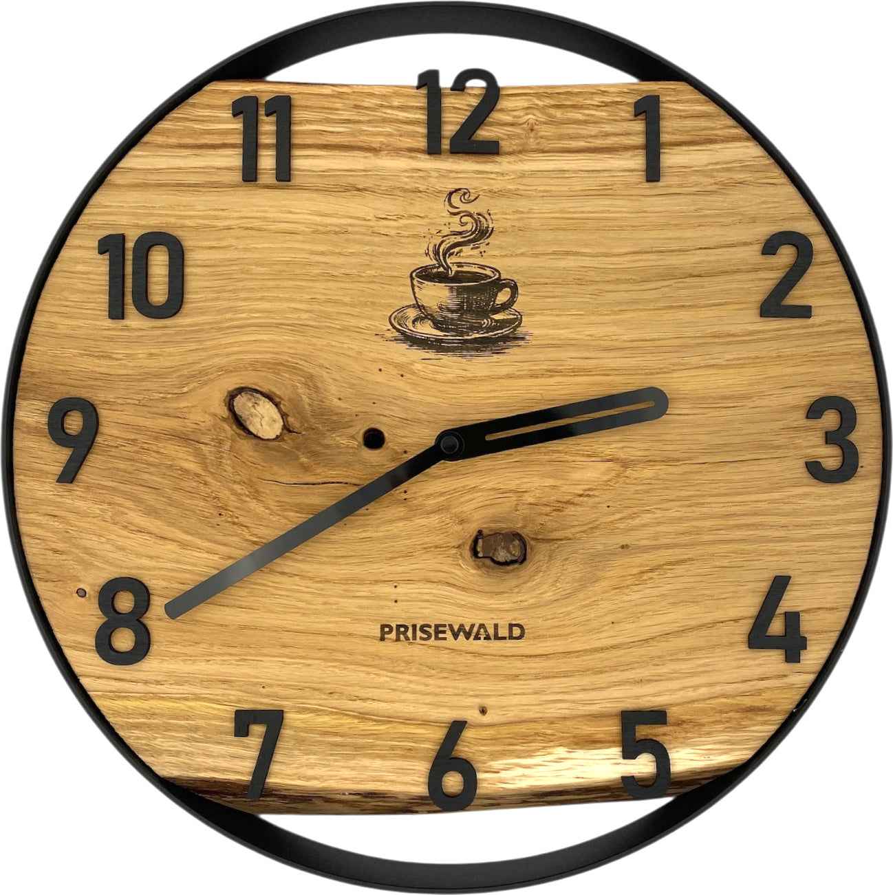 Runde Wanduhr aus Eichenholz, 35 cm, schwarzer Rahmen, arabische Ziffern, Eine Tasse Kaffee