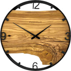 Runde Wanduhr aus Olivenholz, 35 cm, schwarzer Rahmen, arabische Ziffern
