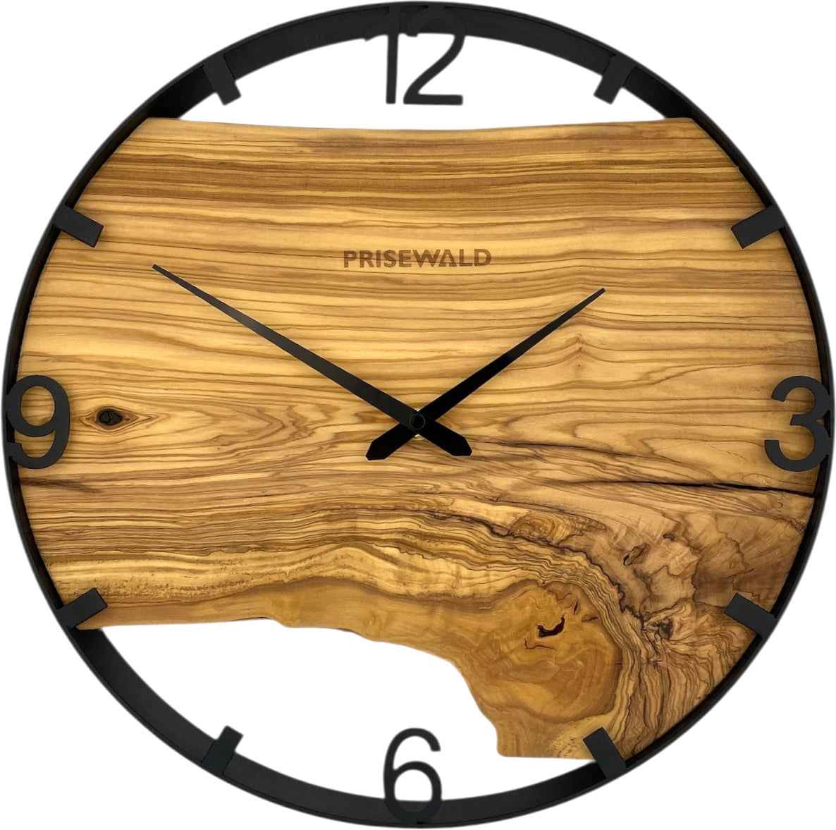 Runde Wanduhr aus Olivenholz, 35 cm, schwarzer Rahmen, arabische Ziffern
