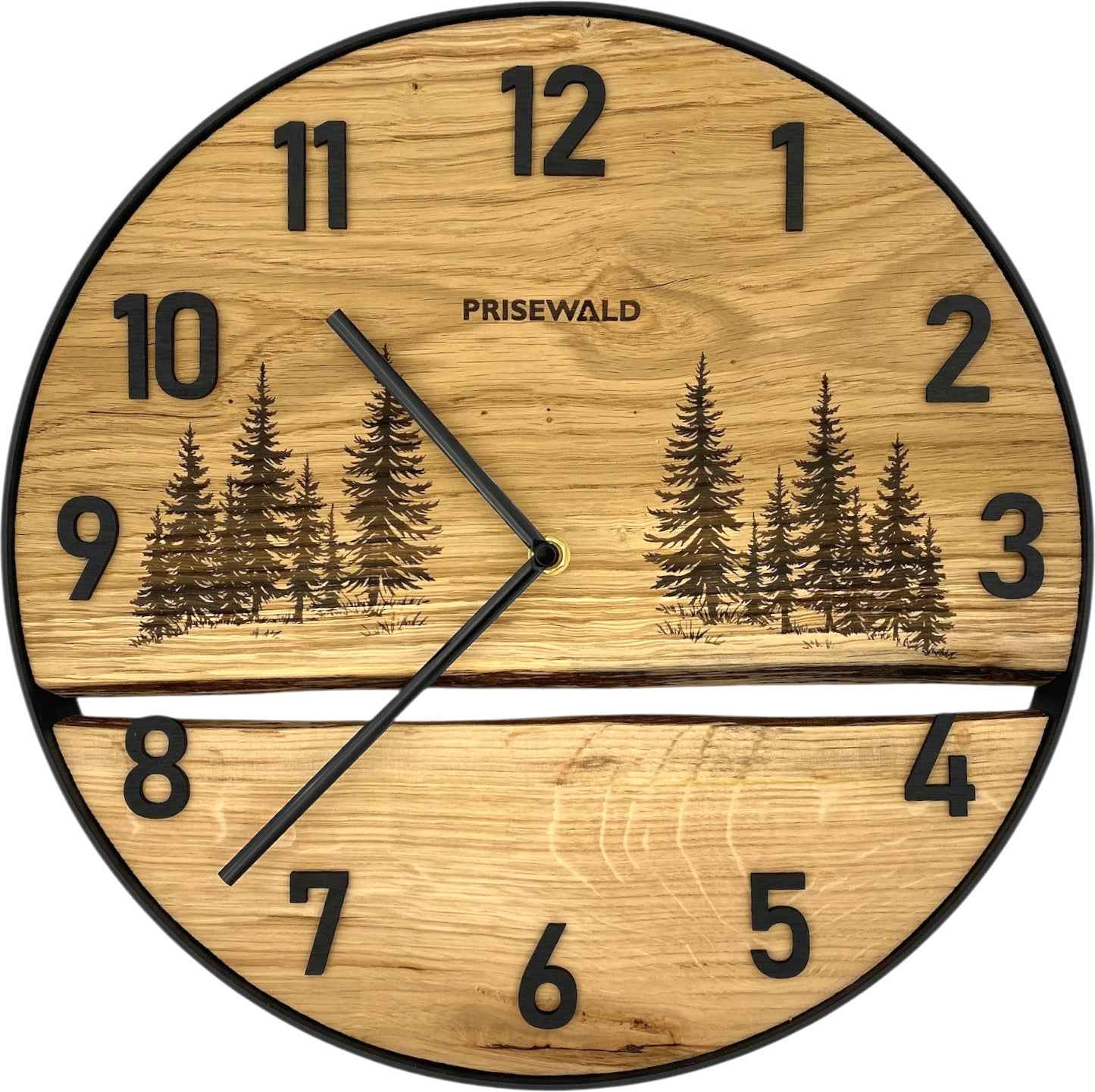 Runde Wanduhr aus Eichenholz, 35 cm, schwarzer Rahmen, arabische Ziffern, Wald