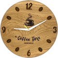 Runde Wanduhr aus Eichenholz, 35 cm, weisser Rahmen, Teilstriche Ziffern, Eine Tasse Kaffee, Kaffeebohnen