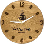 Runde Wanduhr aus Eichenholz, 35 cm, weisser Rahmen, Teilstriche Ziffern, Eine Tasse Kaffee, Kaffeebohnen