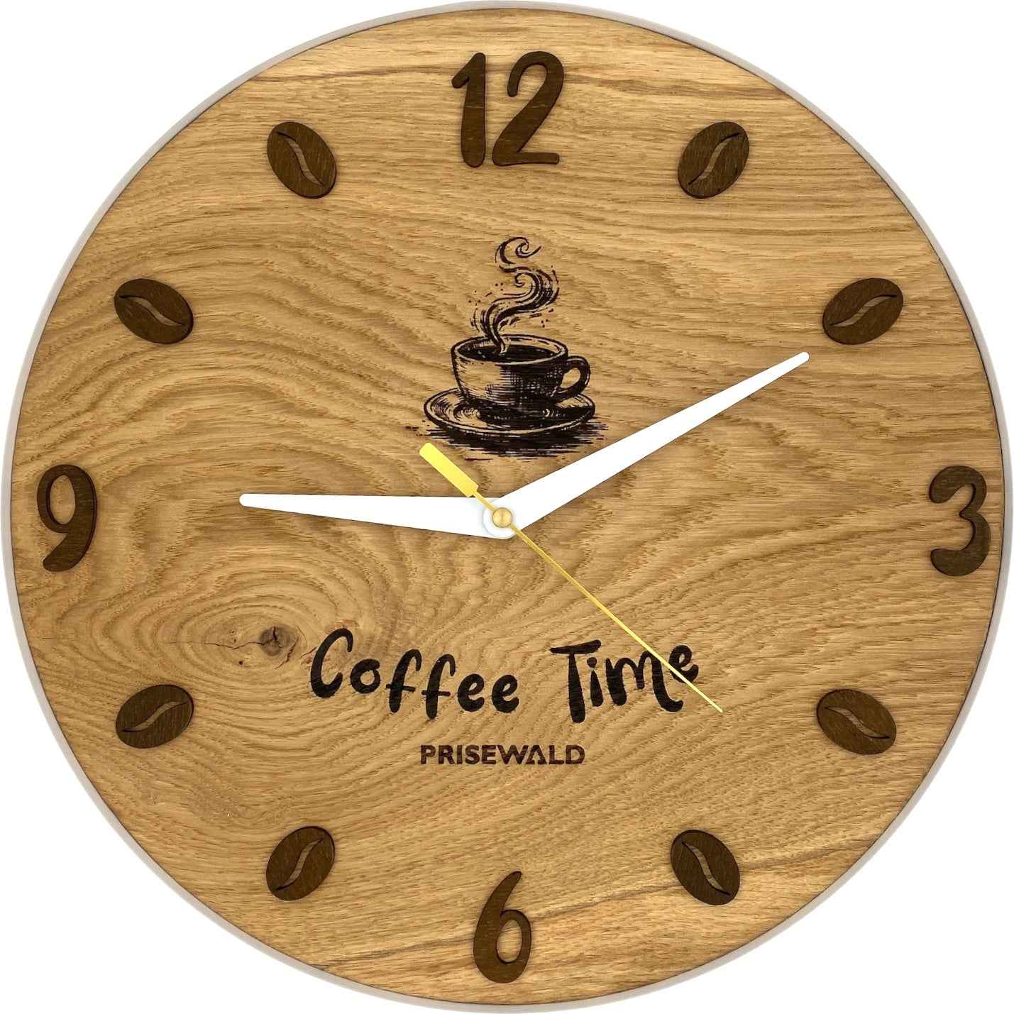 Runde Wanduhr aus Eichenholz, 35 cm, weisser Rahmen, Teilstriche Ziffern, Eine Tasse Kaffee, Kaffeebohnen