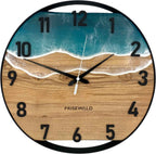 Runde Wanduhr aus Eschenholz, 35 cm, schwarzer Rahmen, arabische Ziffern, türkises Epoxidharz