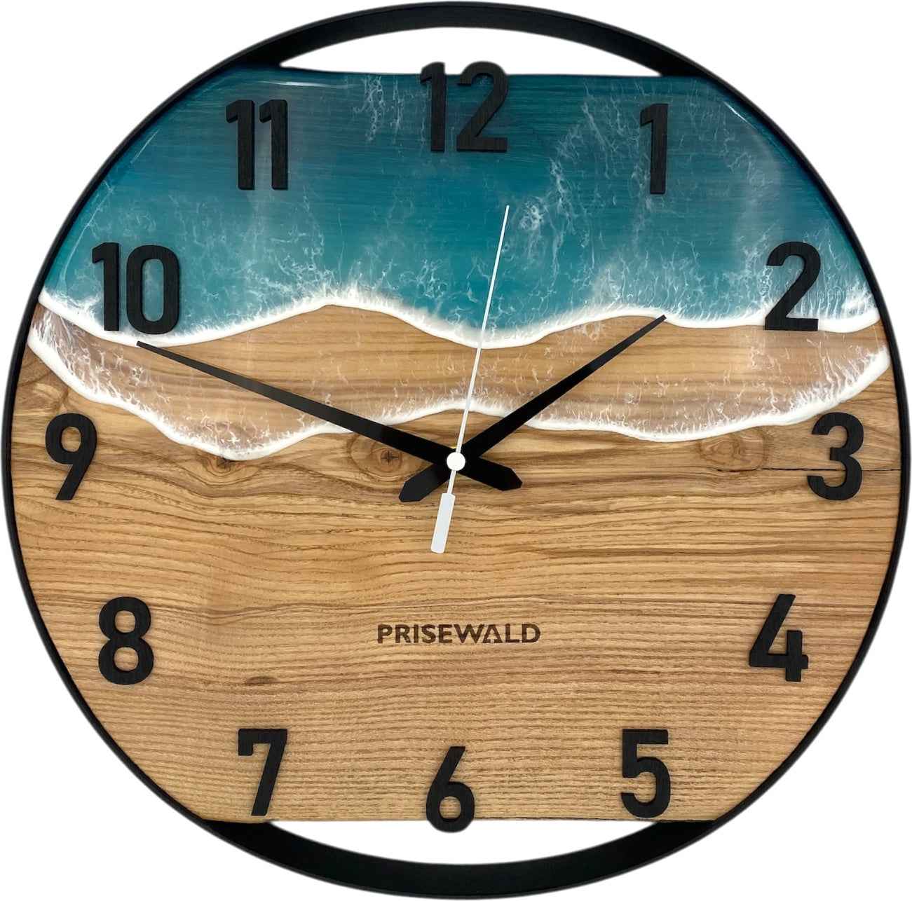 Runde Wanduhr aus Eschenholz, 35 cm, schwarzer Rahmen, arabische Ziffern, türkises Epoxidharz