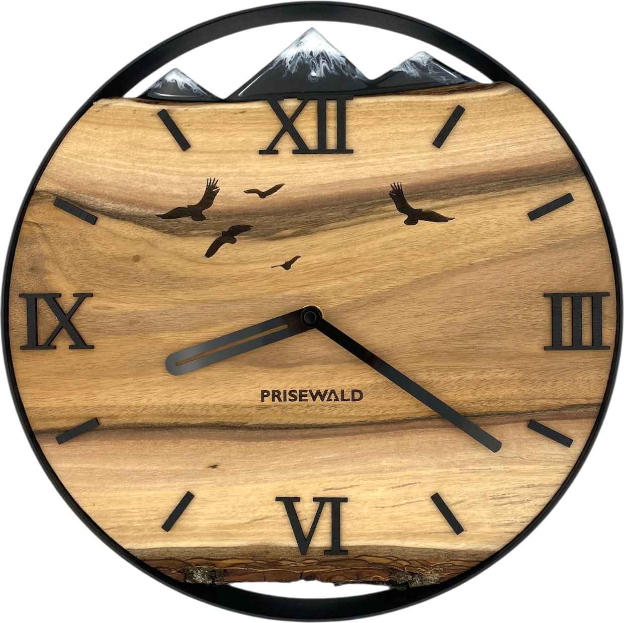 Runde Wanduhr aus Walnussholz, 35 cm, schwarzer Rahmen, römische Ziffern, Fliegende Vögel