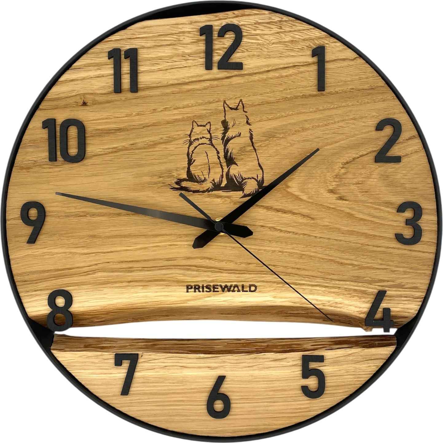 Runde Wanduhr aus Eichenholz, 35 cm, schwarzer Rahmen, arabische Ziffern, Hund und Katze