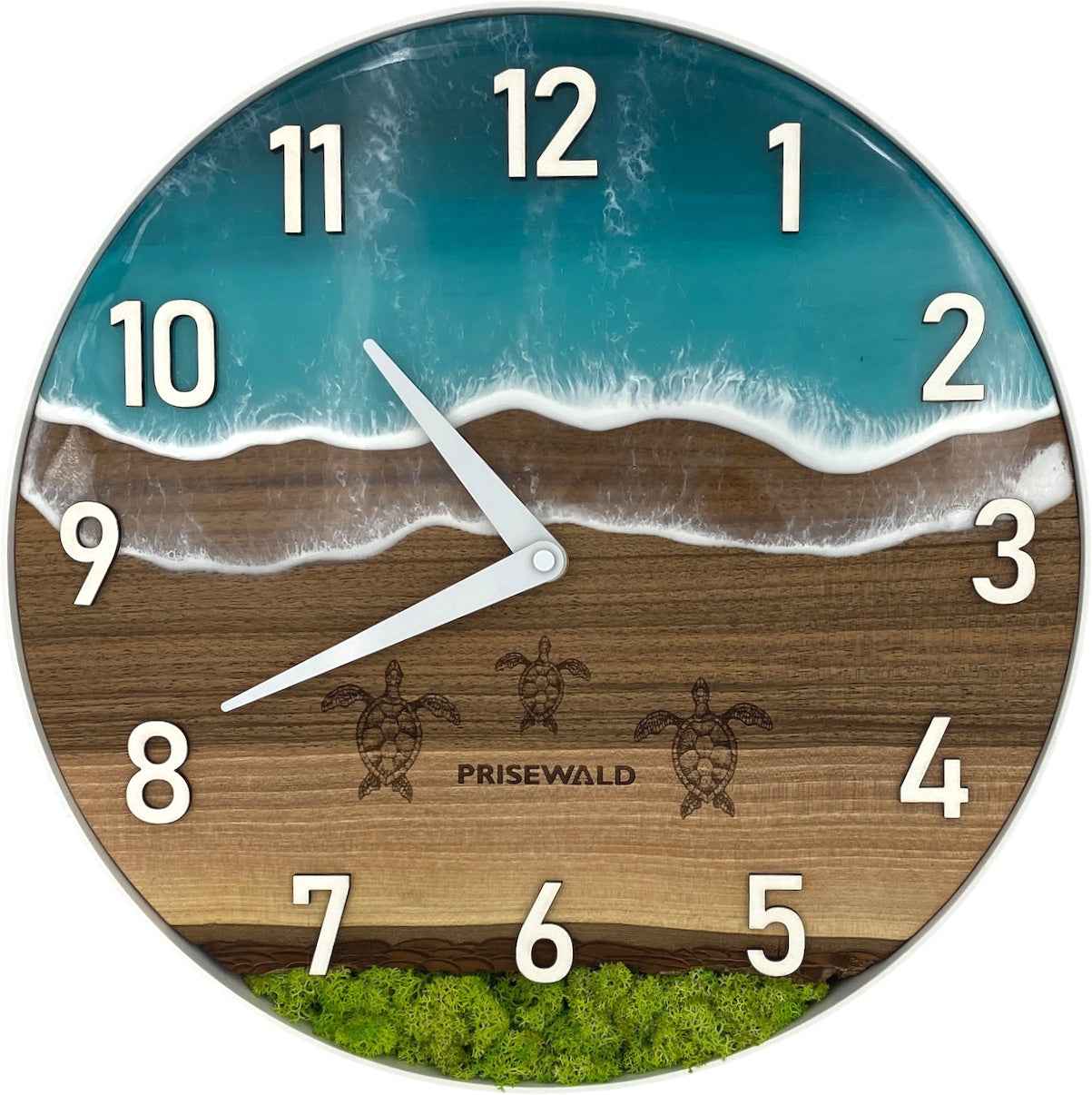 Runde Wanduhr aus Walnussholz, 35 cm, weisser Rahmen, arabische Ziffern, türkises Epoxidharz, grünes Moos, 3 Schildkröten