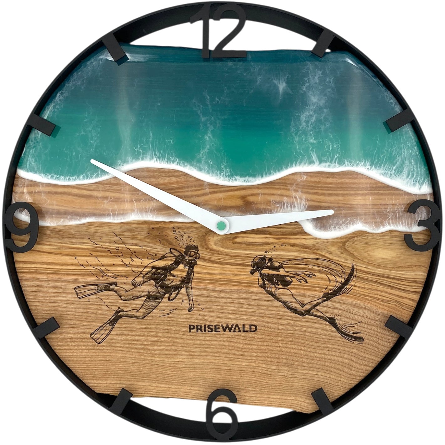 Round wall clock made of walnut wood, 35 cm, gold frame, Arabic numerals, green moss, hunter with dog 🐕