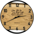 Round wall clock made of oak wood, 35 cm, black frame, Arabic numerals, 3 horses 