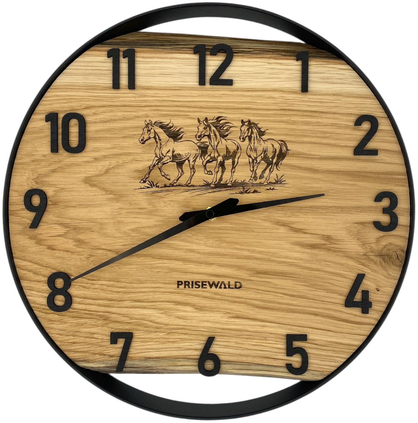 Runde Wanduhr aus Eichenholz, 35 cm, schwarzer Rahmen, arabische Ziffern, 3 Pferde