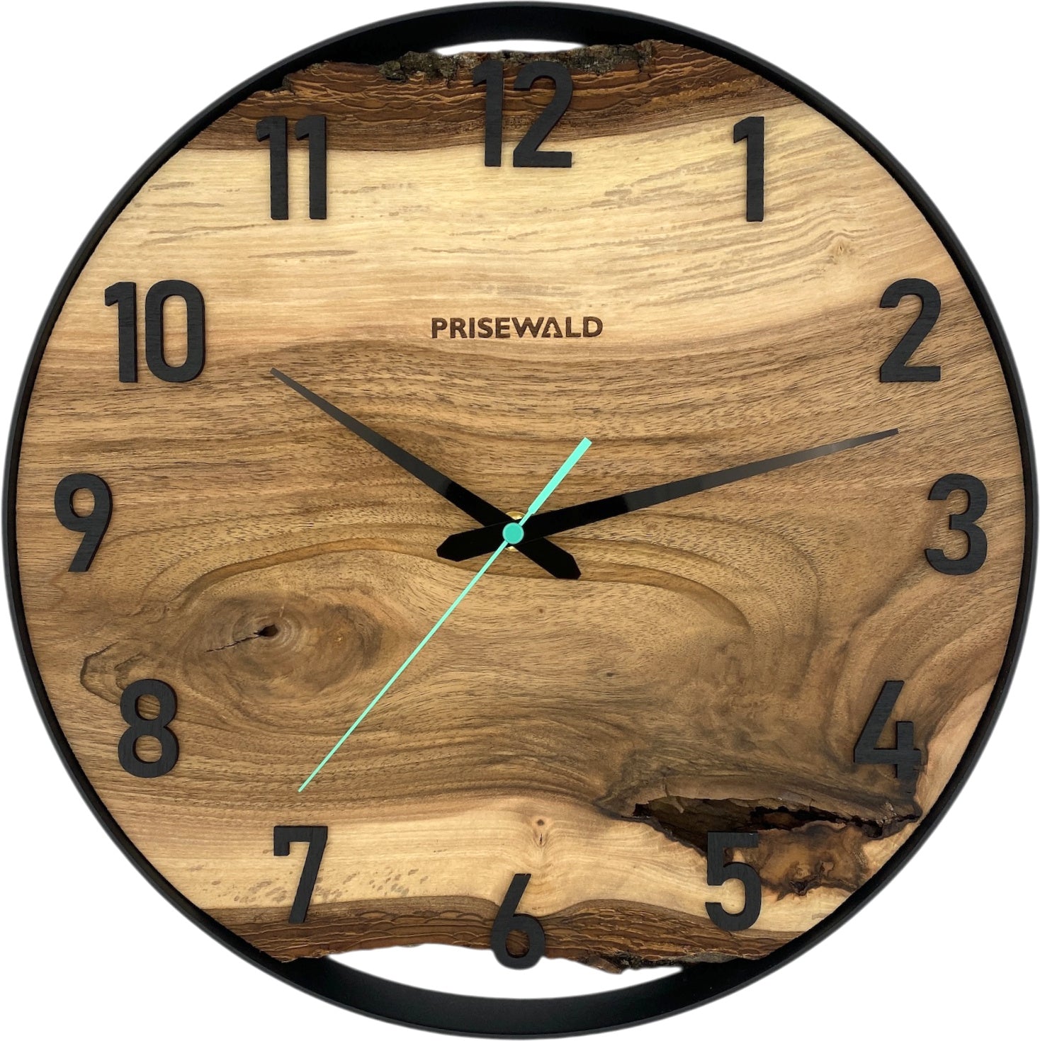 Round wall clock made of walnut wood, 35 cm, black frame, Arabic numerals, hairline crack in epoxy resin, 