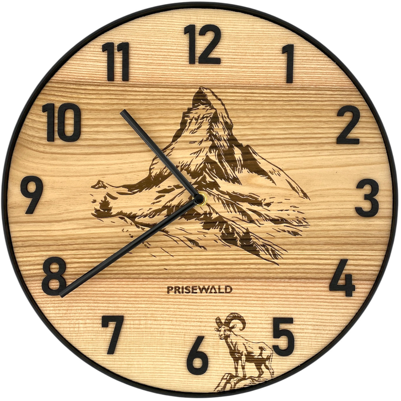 Round wall clock made of walnut wood, 35 cm, gold frame, Arabic numerals, green moss, hunter with dog 🐕