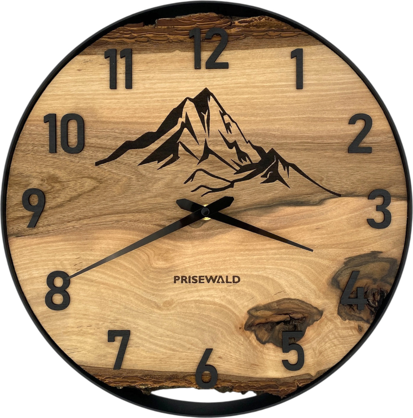 Round wall clock made of walnut wood, 35 cm, black frame, Arabic numerals, hairline crack in epoxy resin, 