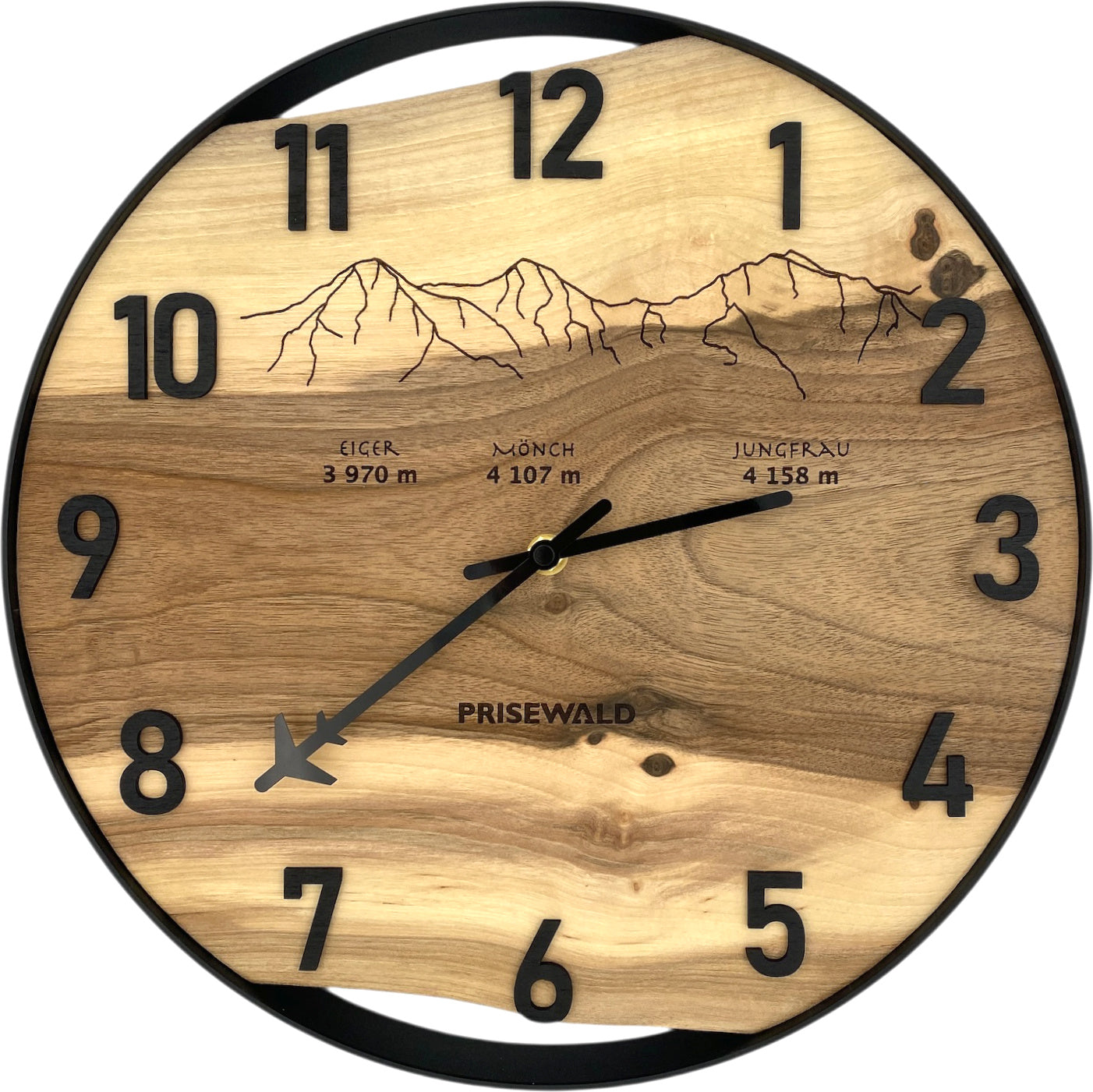 Round wall clock made of walnut wood, 35 cm, black frame, Arabic numerals, hairline crack in epoxy resin, 