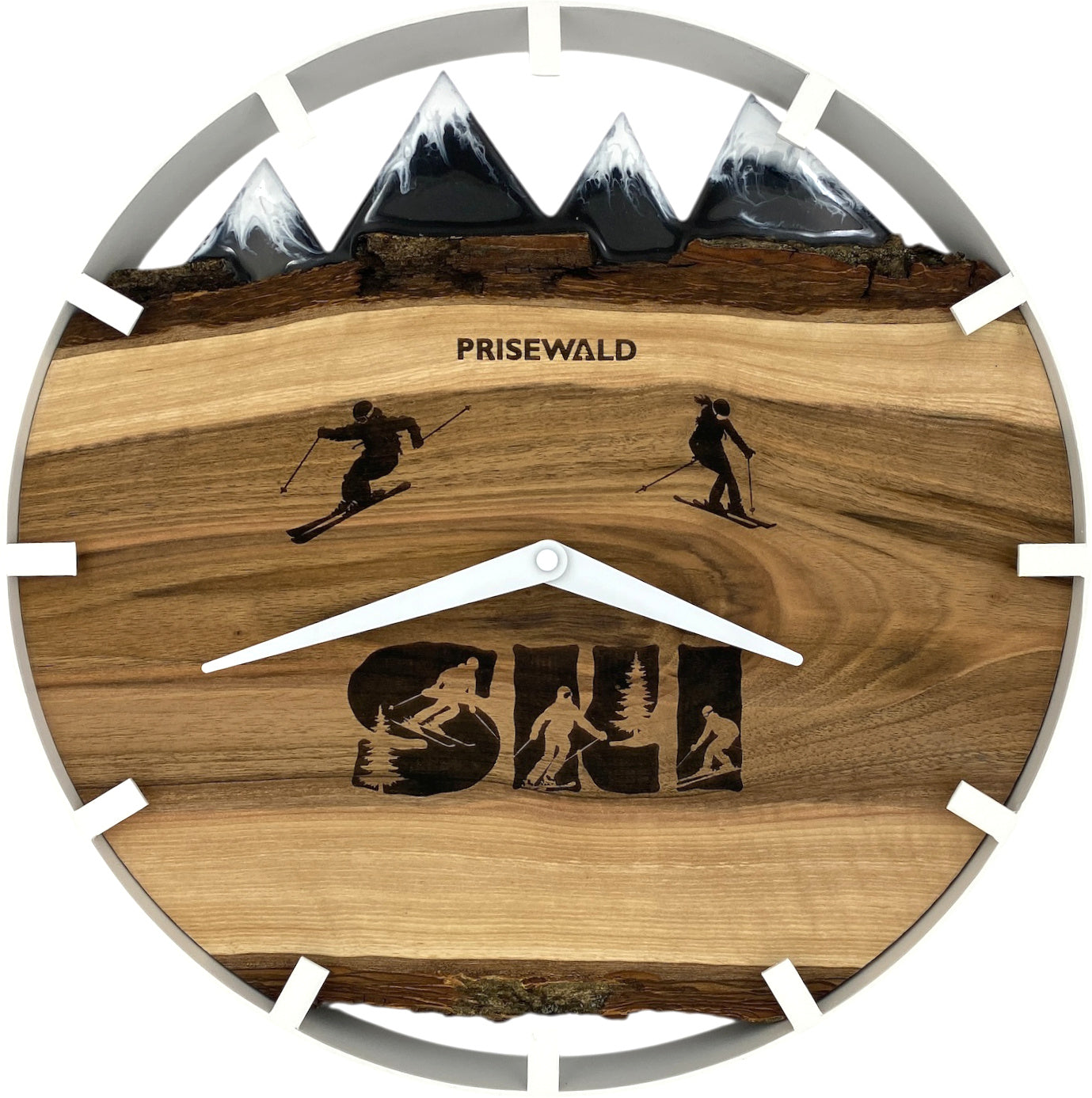 Round wall clock made of walnut wood, 35 cm, black frame, graduations, numerals, white epoxy resin