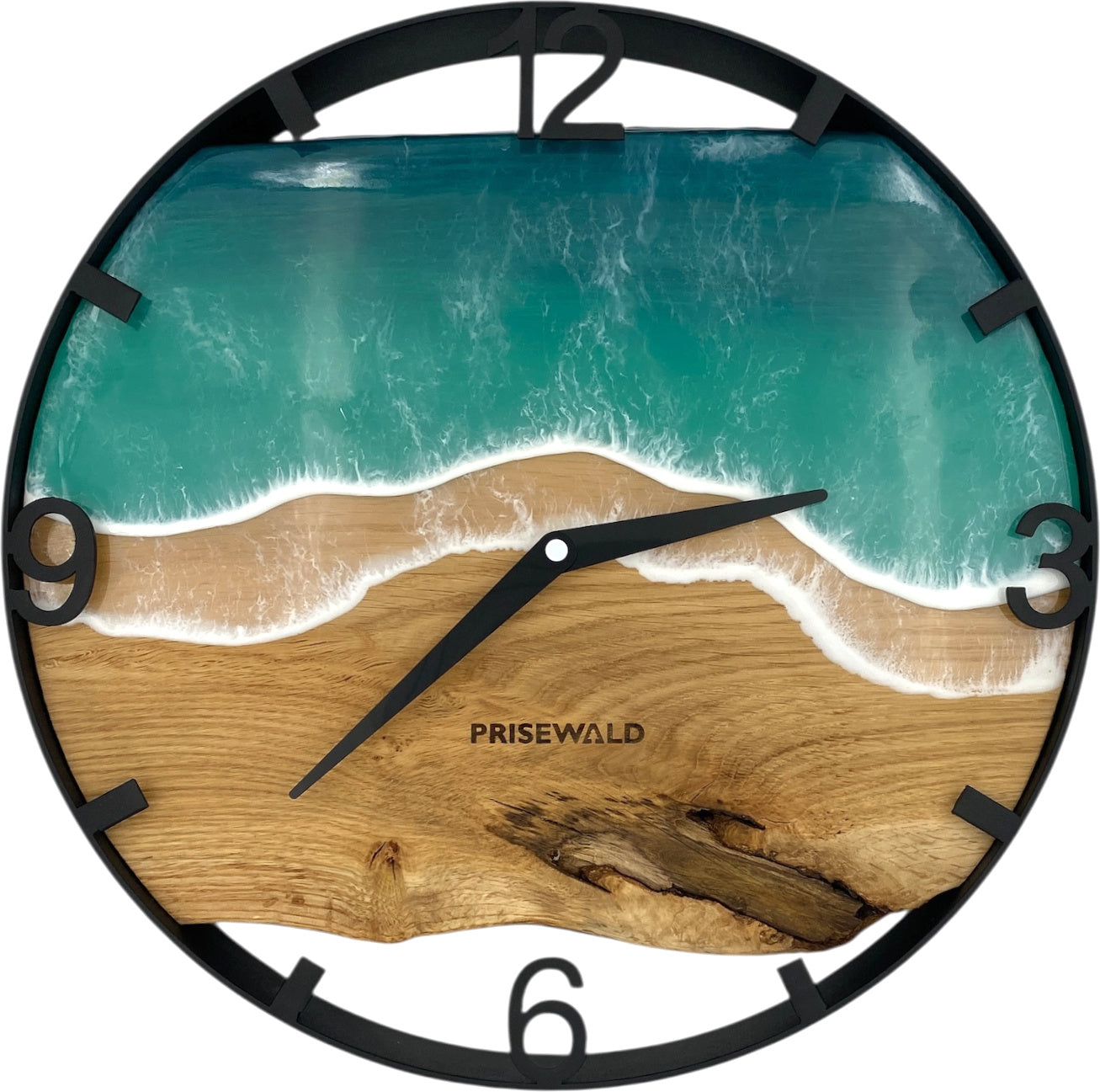Round wall clock made of oak wood, 35 cm, black frame, Arabic numerals, green moss