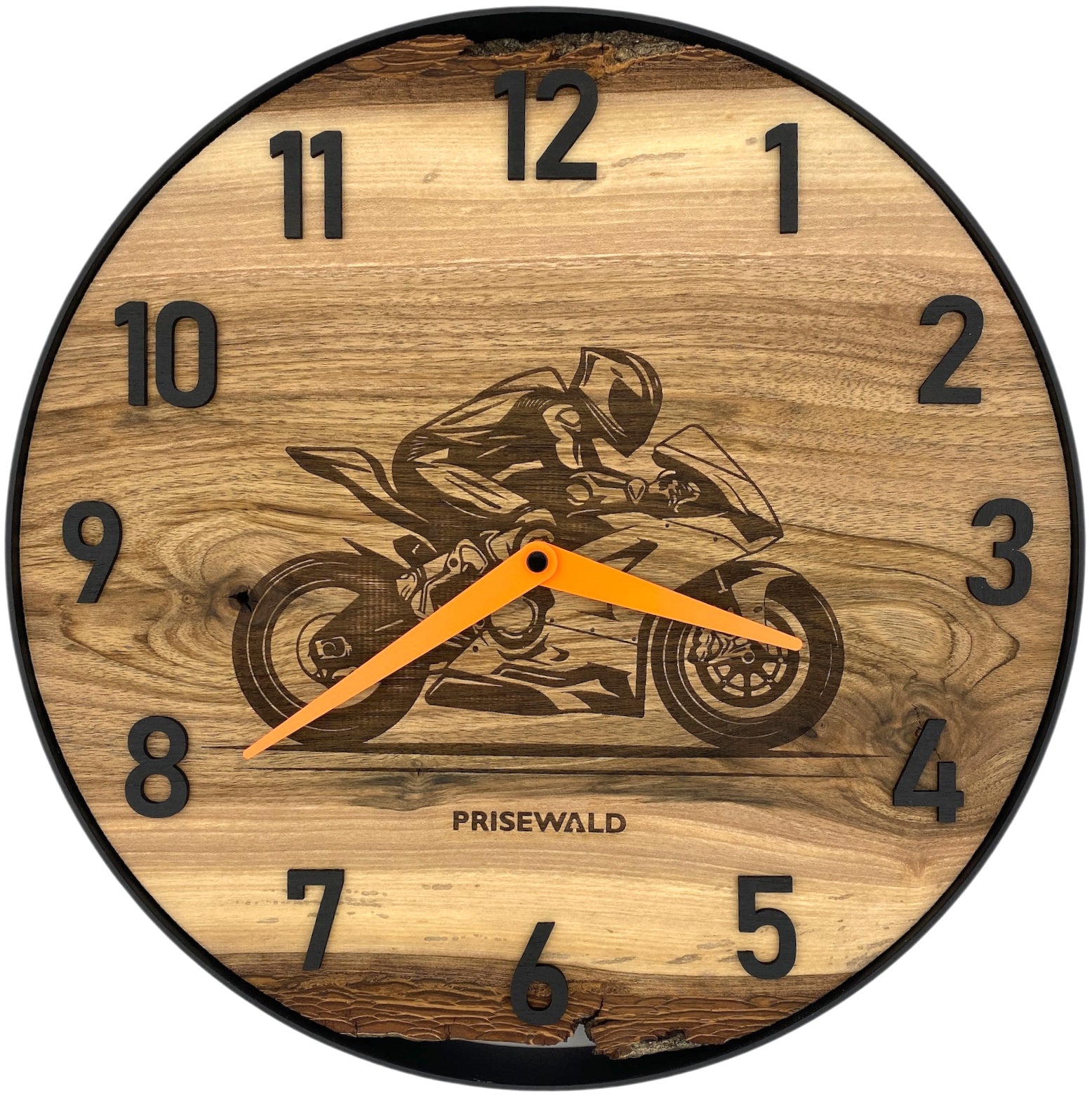 Round wall clock made of walnut wood, 35 cm, black frame, Arabic numerals, hairline crack in epoxy resin, 