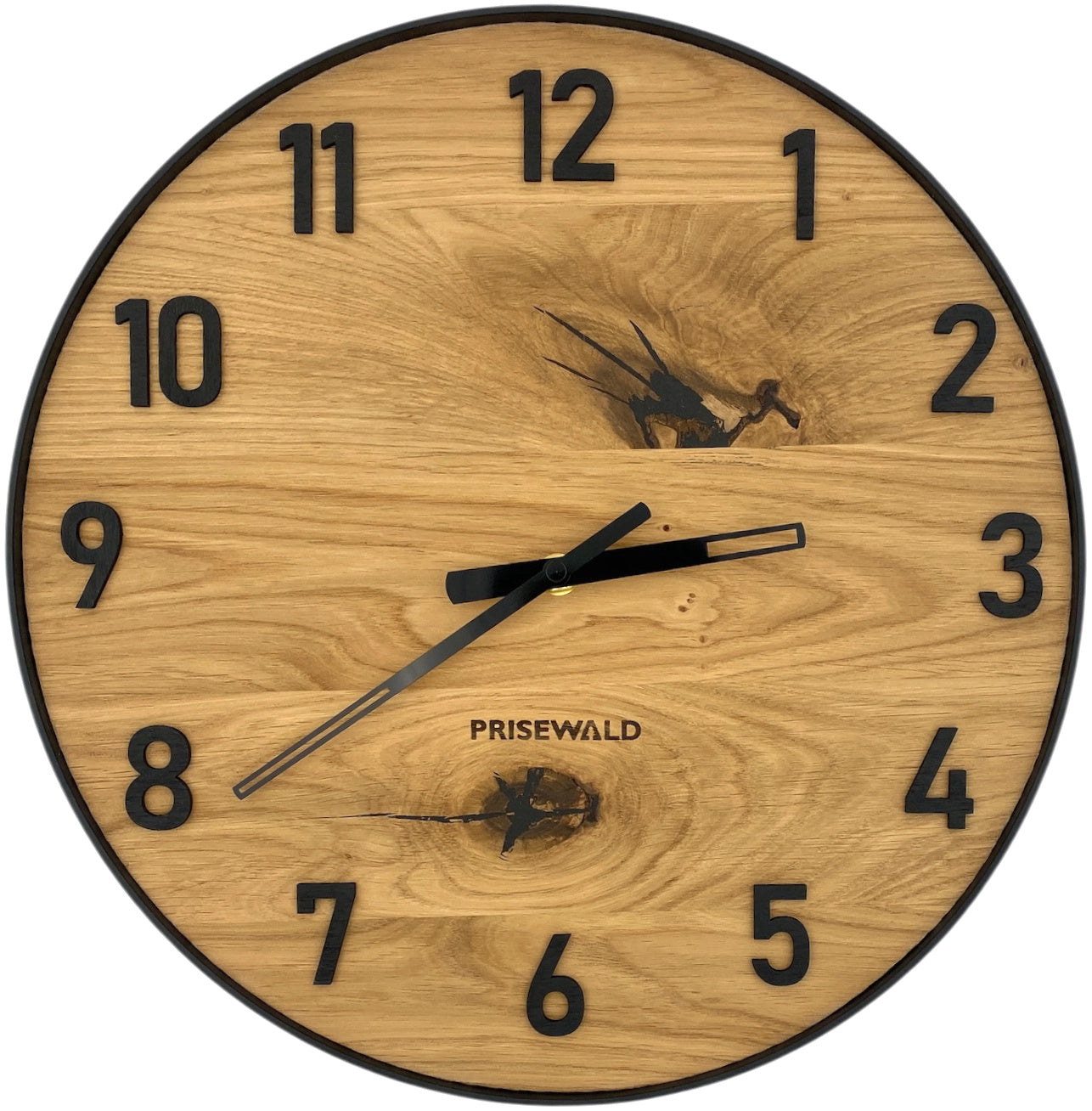 Runde Wanduhr aus Eichenholz, 35 cm, schwarzer Rahmen, arabische Ziffern, schwarzes Epoxidharz
