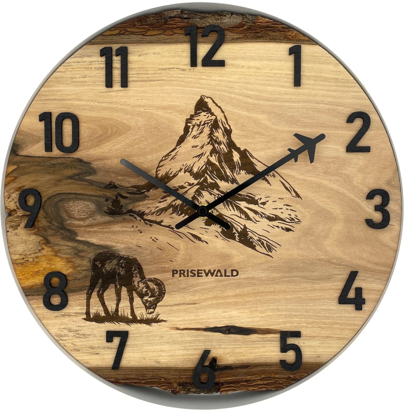 Runde Wanduhr aus Walnussholz, 35 cm, schwarzer Rahmen, arabische Ziffern, Matterhorn, Widder