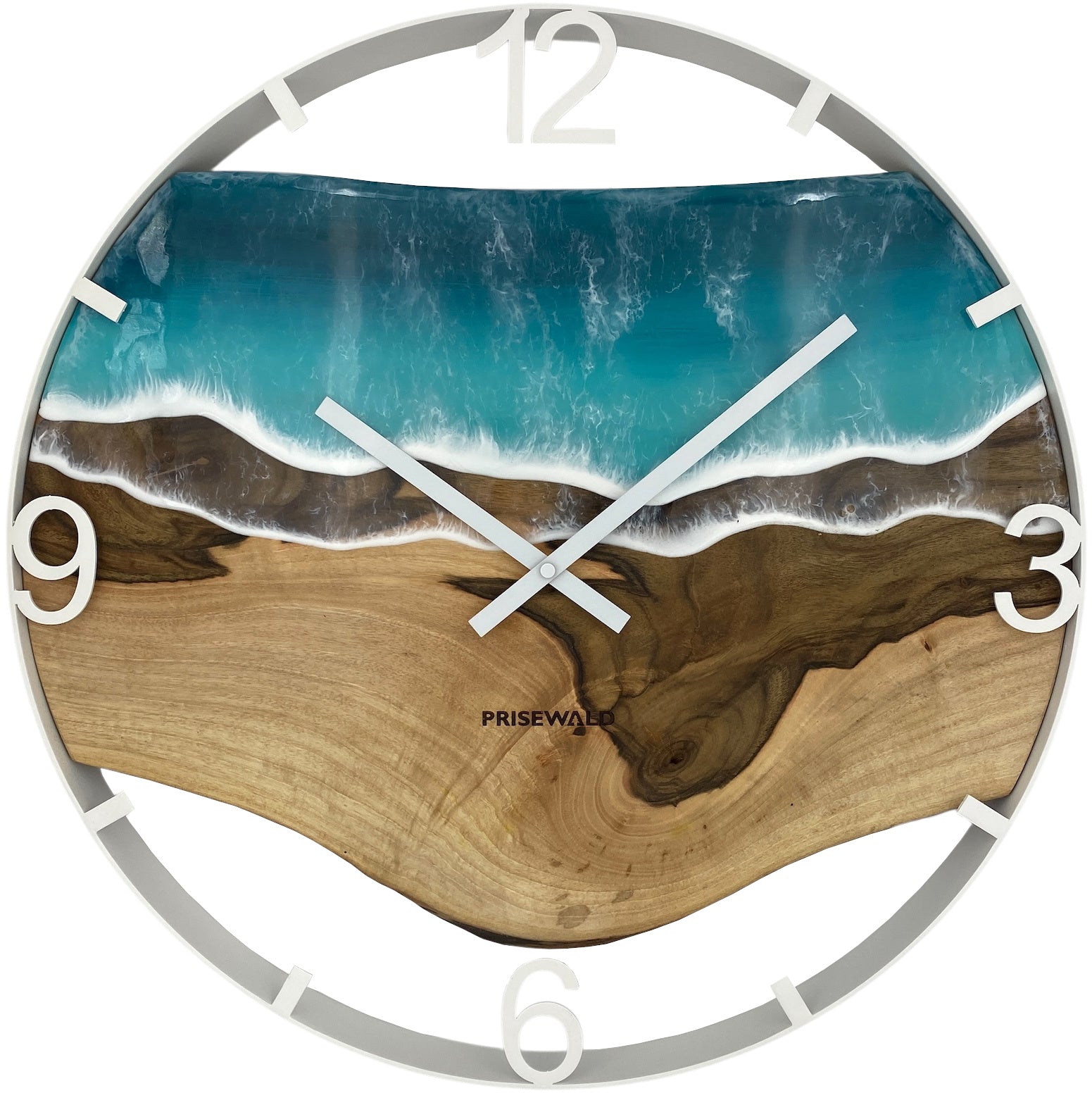 Runde Wanduhr aus Walnussholz, 50 cm, weisser Rahmen, arabische Ziffern, blaues Epoxidharz