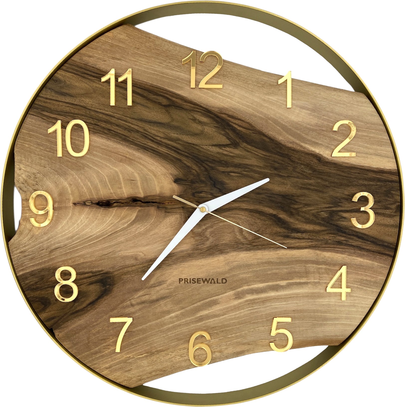 Runde Wanduhr aus Walnussholz, 50 cm, goldener Rahmen, arabische Ziffern