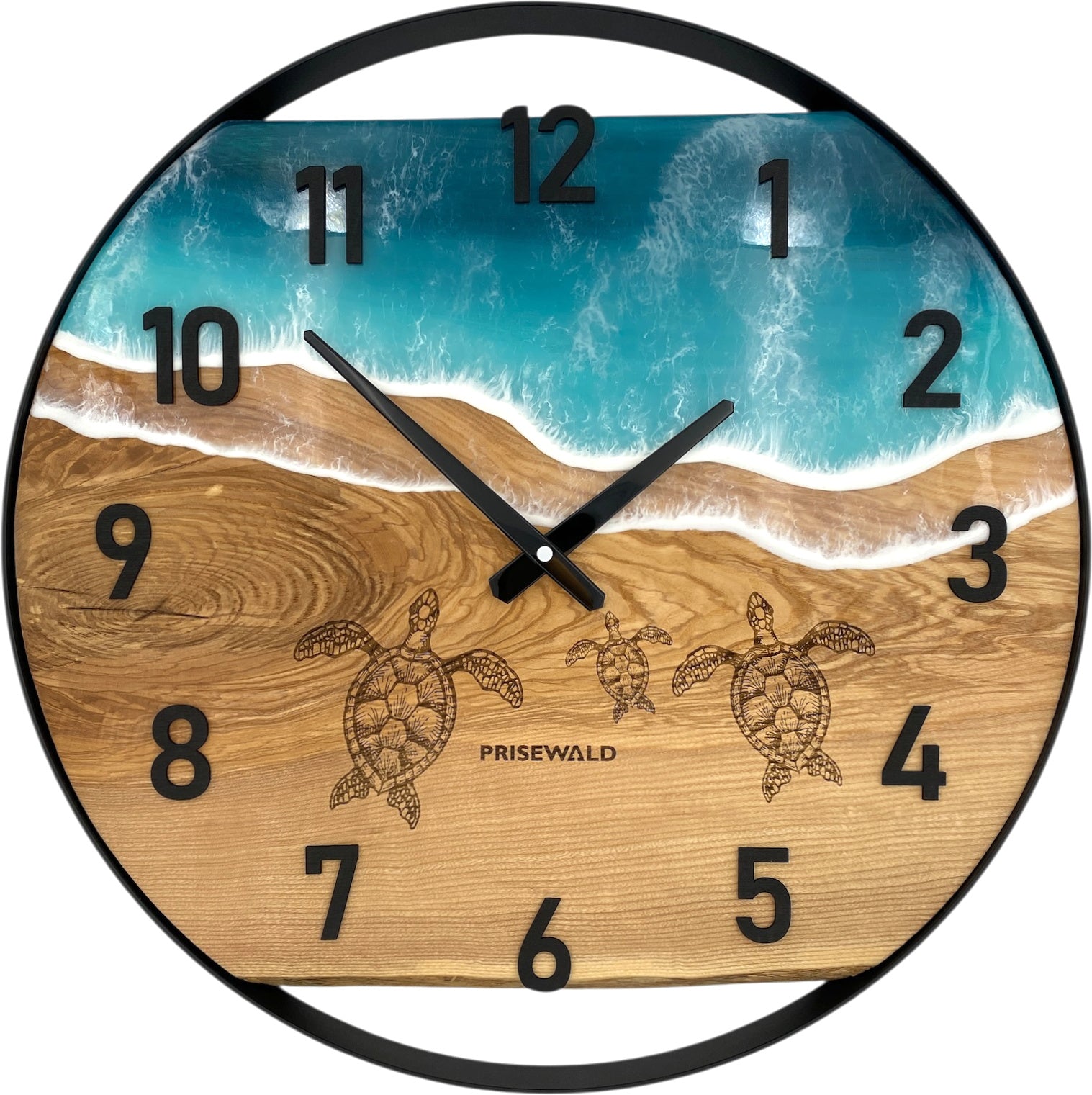 Runde Wanduhr aus Eschenholz, 50 cm, schwarzer Rahmen, arabische Ziffern, blaues Epoxidharz, drei Schildkröten