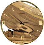 Runde Wanduhr aus Walnussholz, 50 cm, goldener Rahmen, römische Ziffern