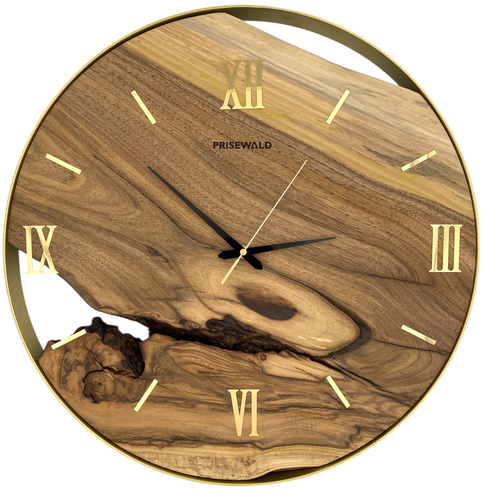 Runde Wanduhr aus Walnussholz, 50 cm, goldener Rahmen, römische Ziffern