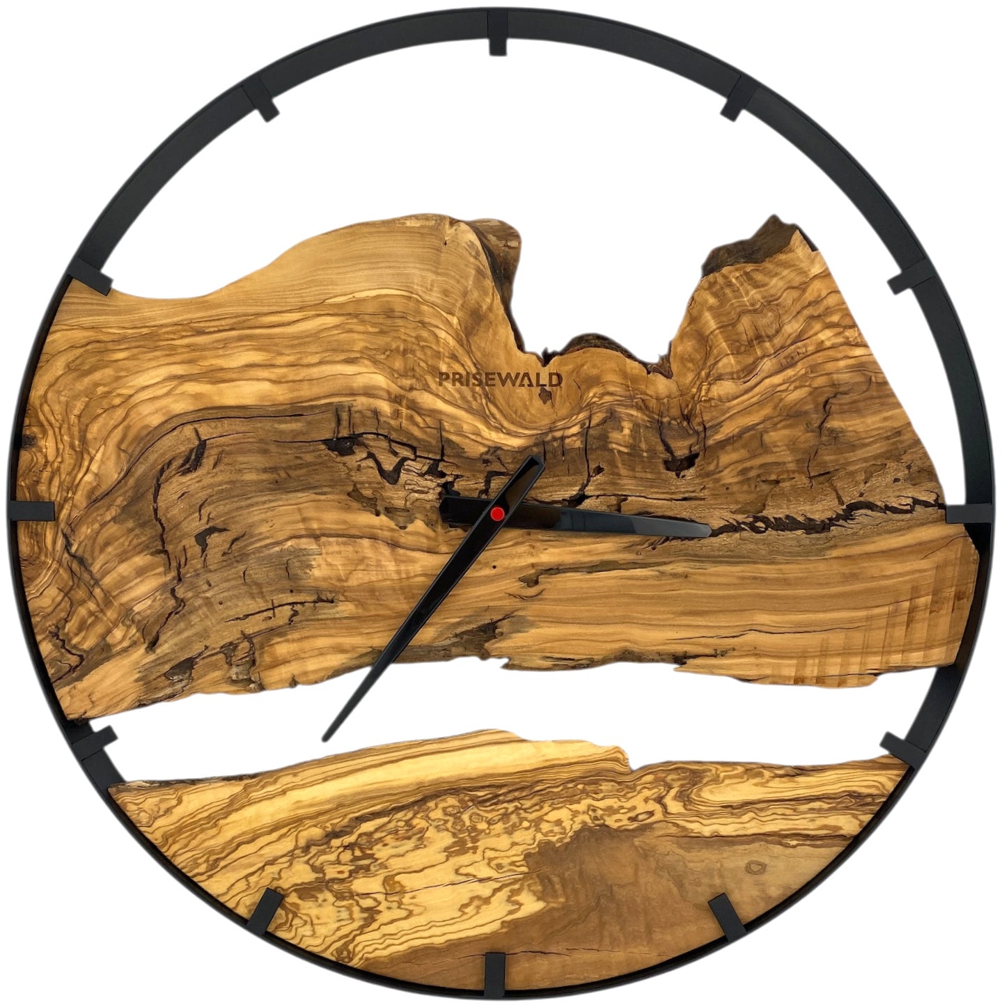 Runde Wanduhr aus Olivenholz, 50 cm, schwarzer Rahmen, Teilstriche Ziffern