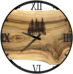Horloge murale ronde en noyer, 50 cm, cadre noir, chiffres romains, forêt de sapins