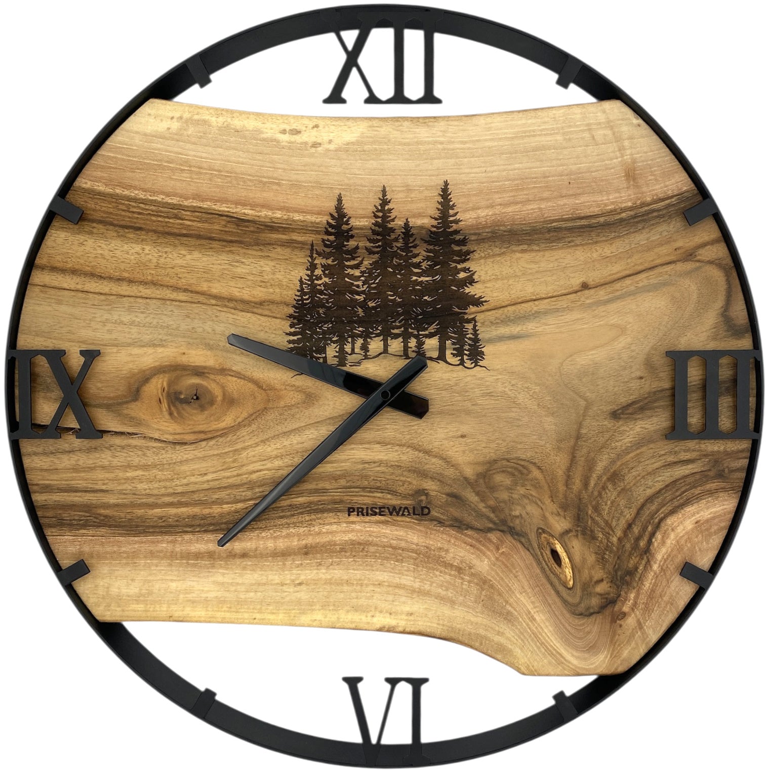 Round wall clock made of walnut wood, 50 cm, black frame, Roman numerals, fir forest