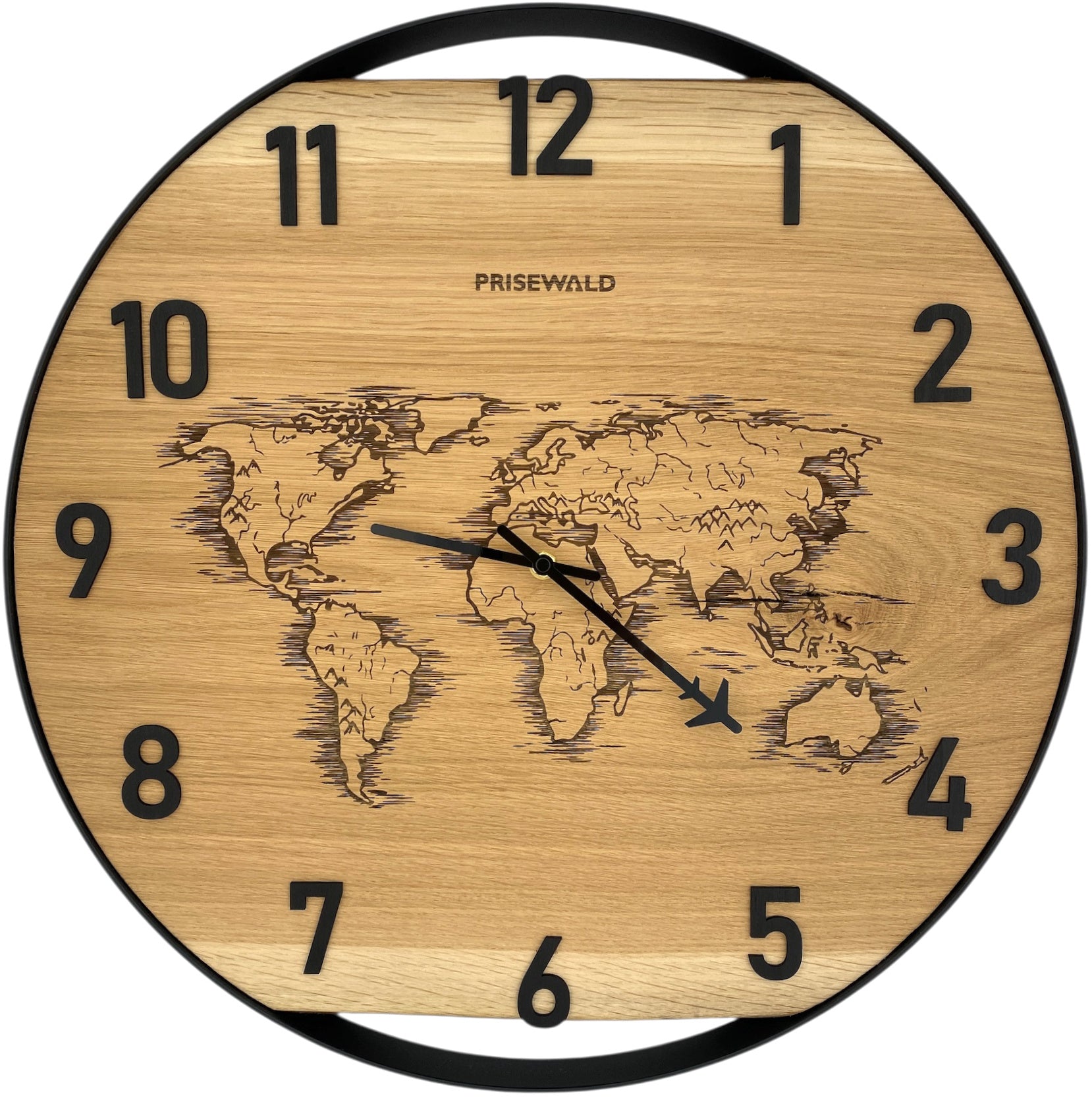 Round wall clock made of oak wood, 50 cm, black frame, Arabic numerals, world map
