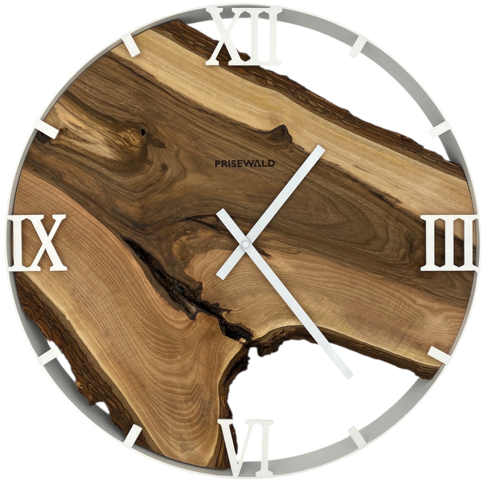 Round wall clock made of walnut wood, 50 cm, white frame, Roman numerals