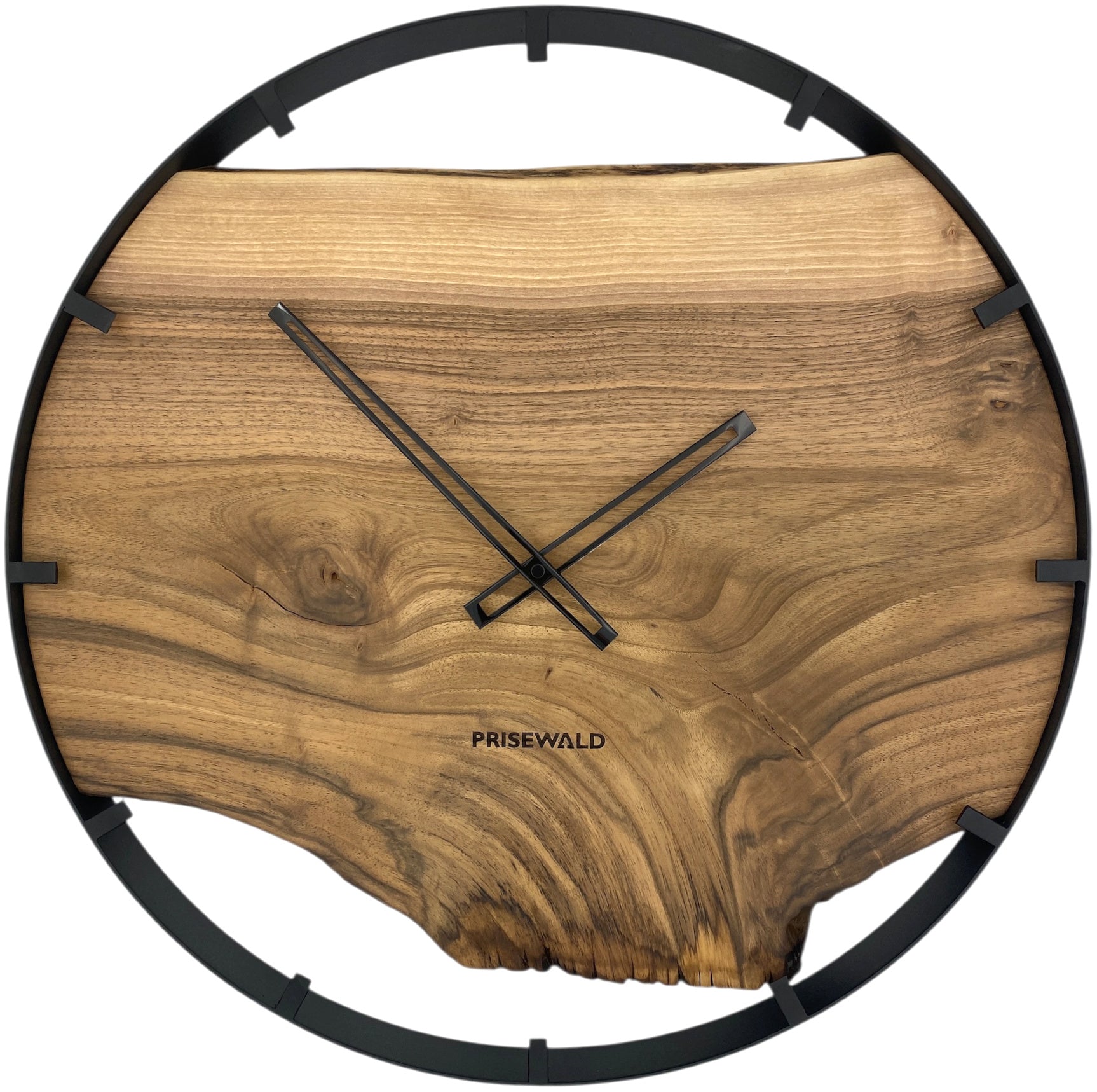 Round wall clock made of walnut wood, 50 cm, black frame, graduations and numerals