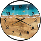 Runde Wanduhr aus Eschenholz, 70 cm, schwarzer Rahmen, arabische Ziffern, blaues Epoxidharz