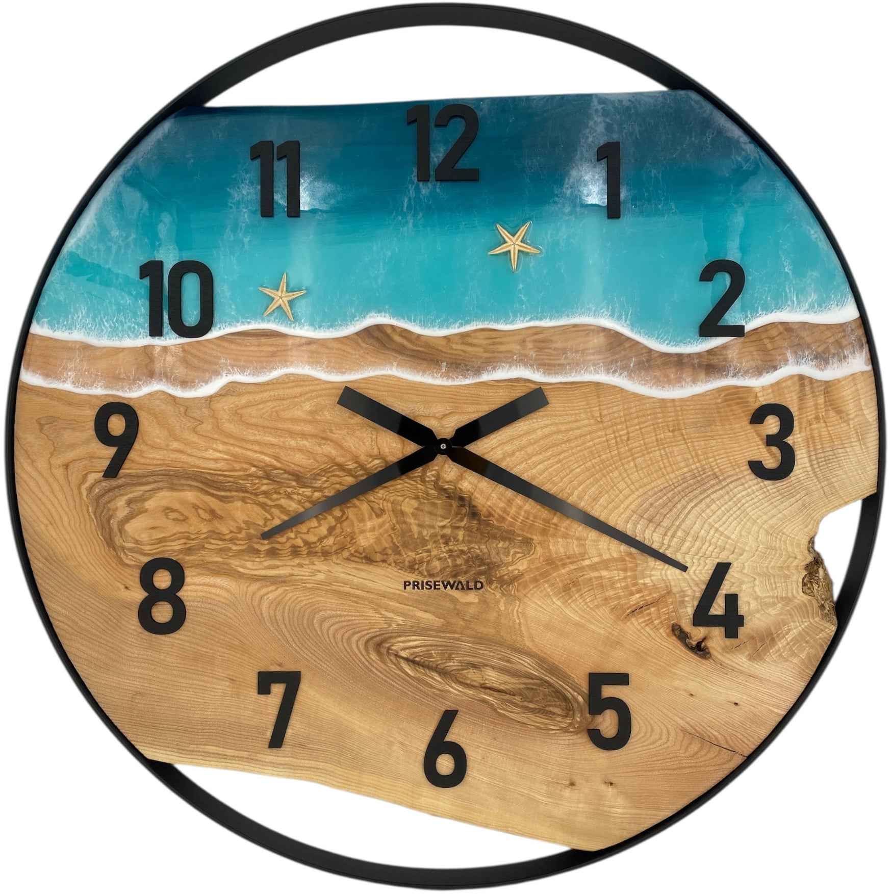 Runde Wanduhr aus Eschenholz, 70 cm, schwarzer Rahmen, arabische Ziffern, blaues Epoxidharz