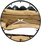 Runde Wanduhr aus Walnussholz, 70 cm, schwarzer Rahmen, Teilstriche Ziffern, schwarzes Epoxidharz, Schneebedeckte Berge im Hintergrund
