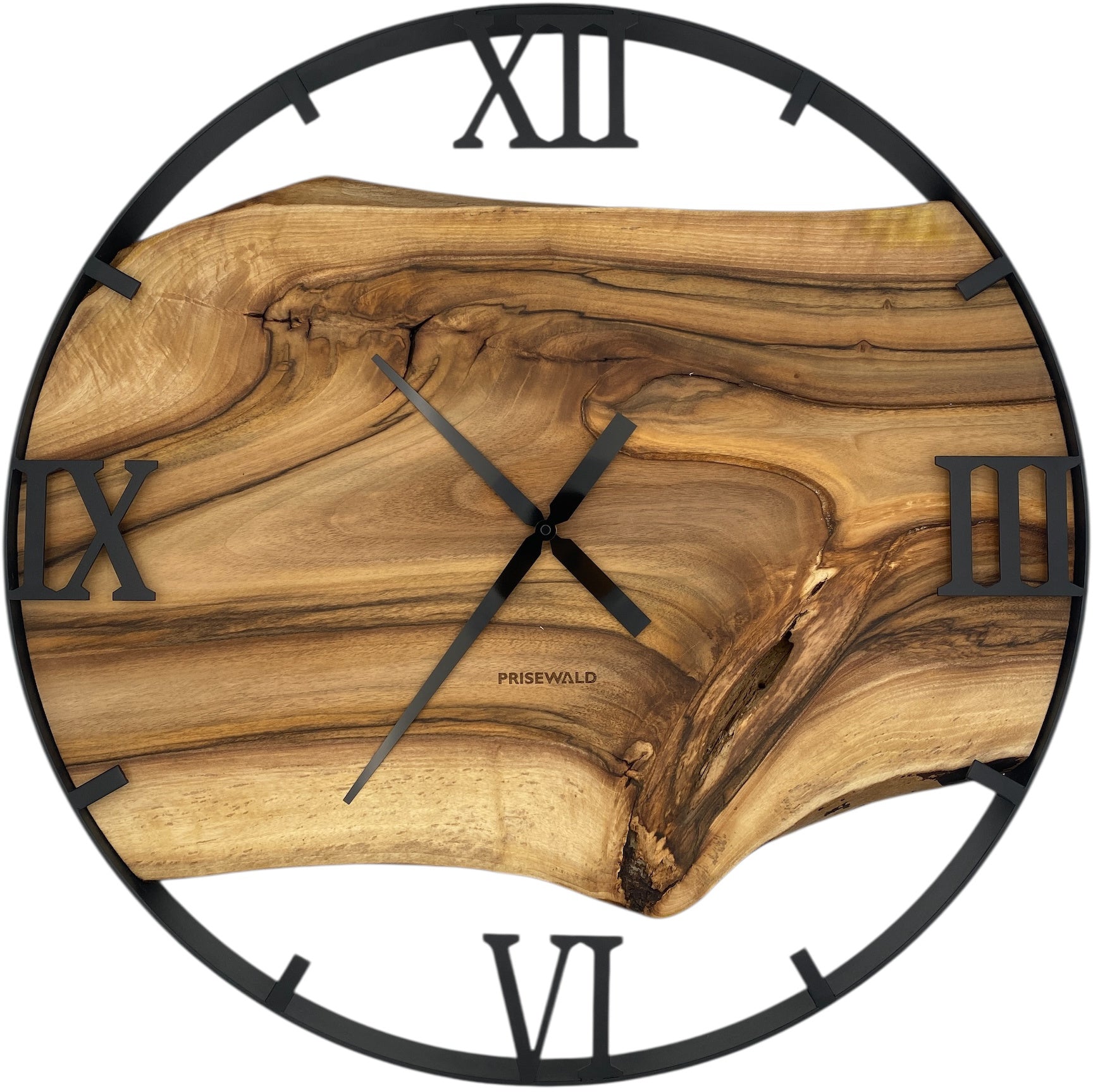 Round wall clock made of walnut wood, 70 cm, black frame, Roman numerals