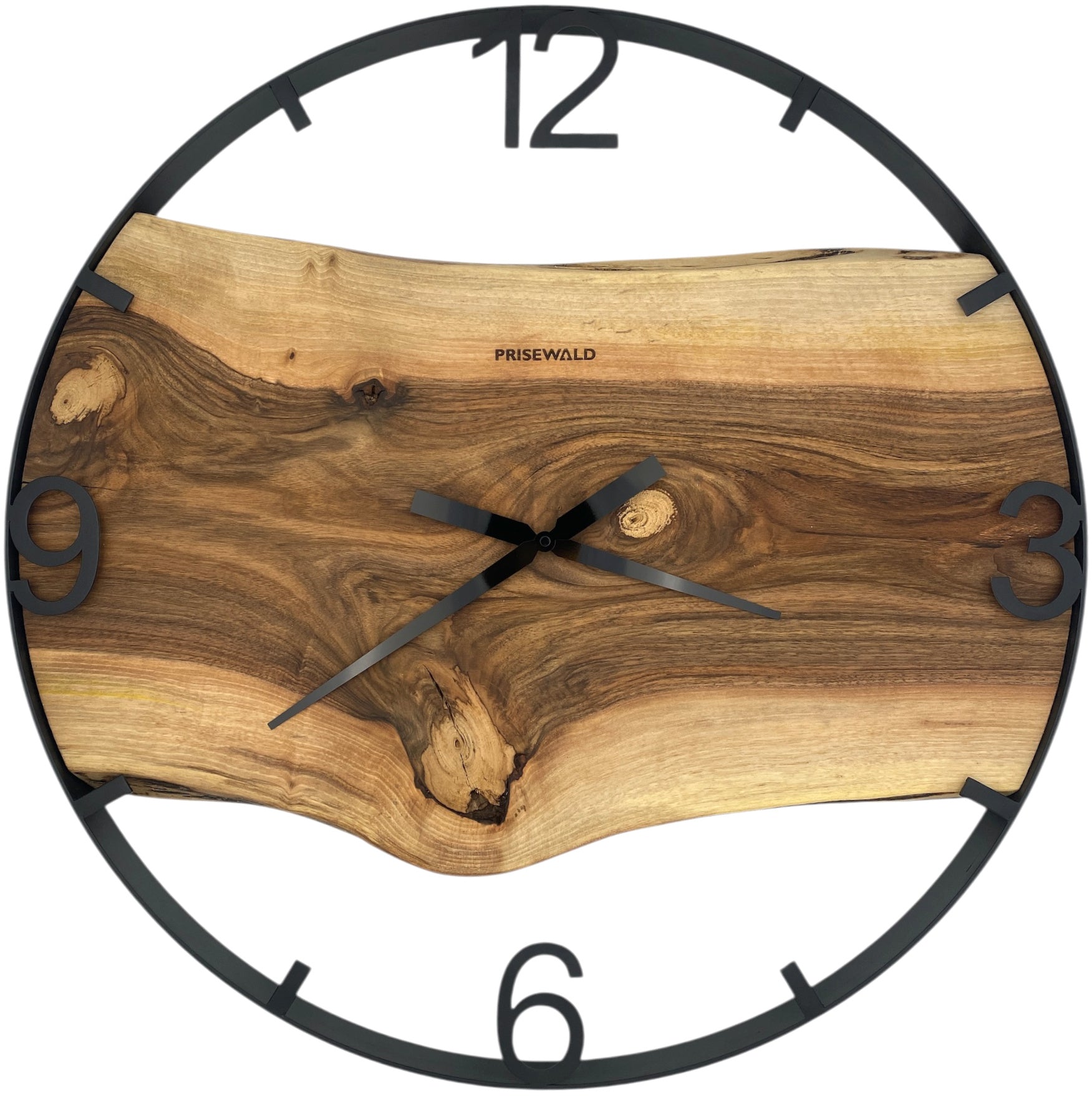 Round wall clock made of walnut wood, 70 cm, black frame, Arabic numerals