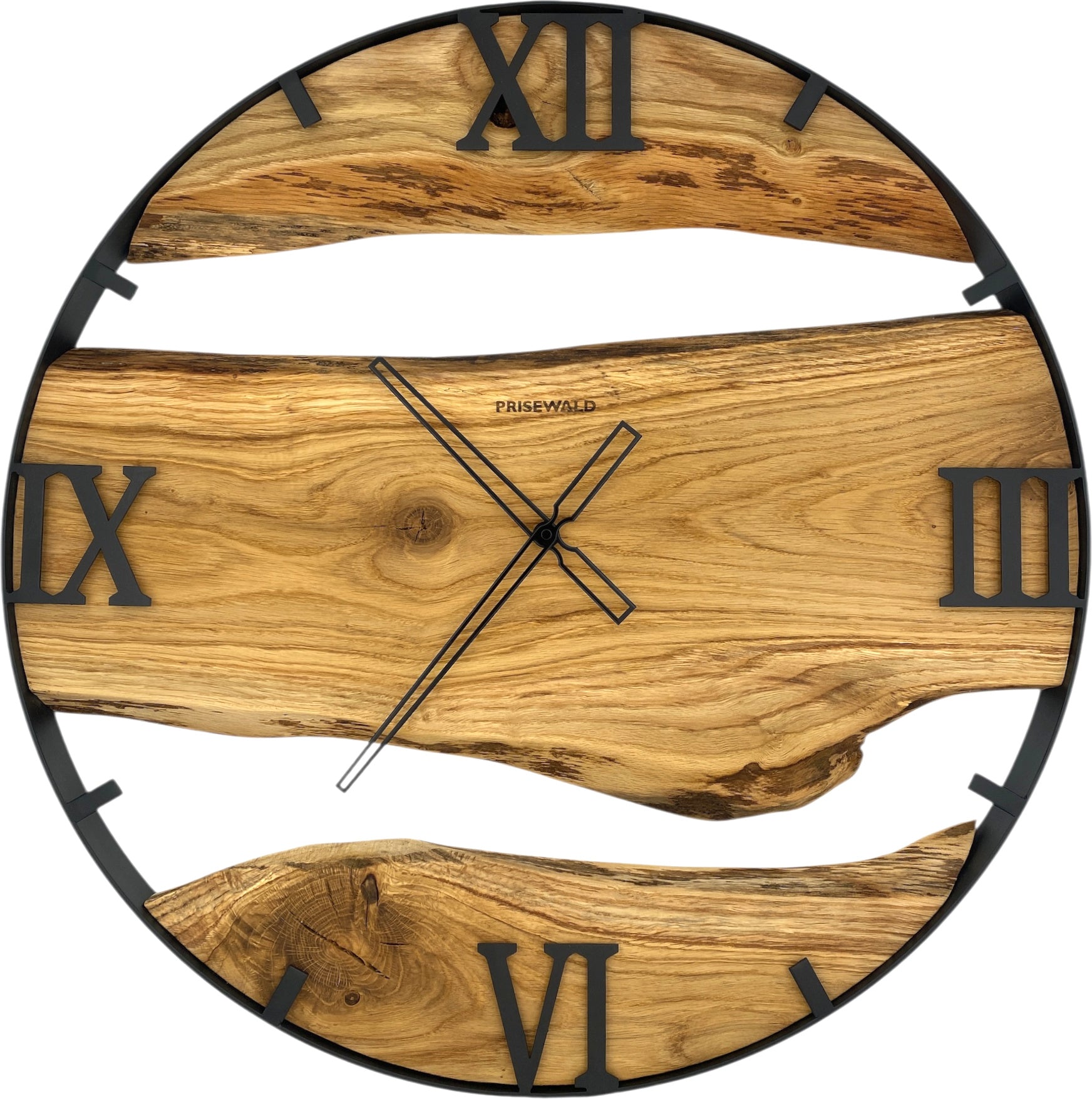 Round wall clock made of oak wood, 70 cm, black frame, Roman numerals