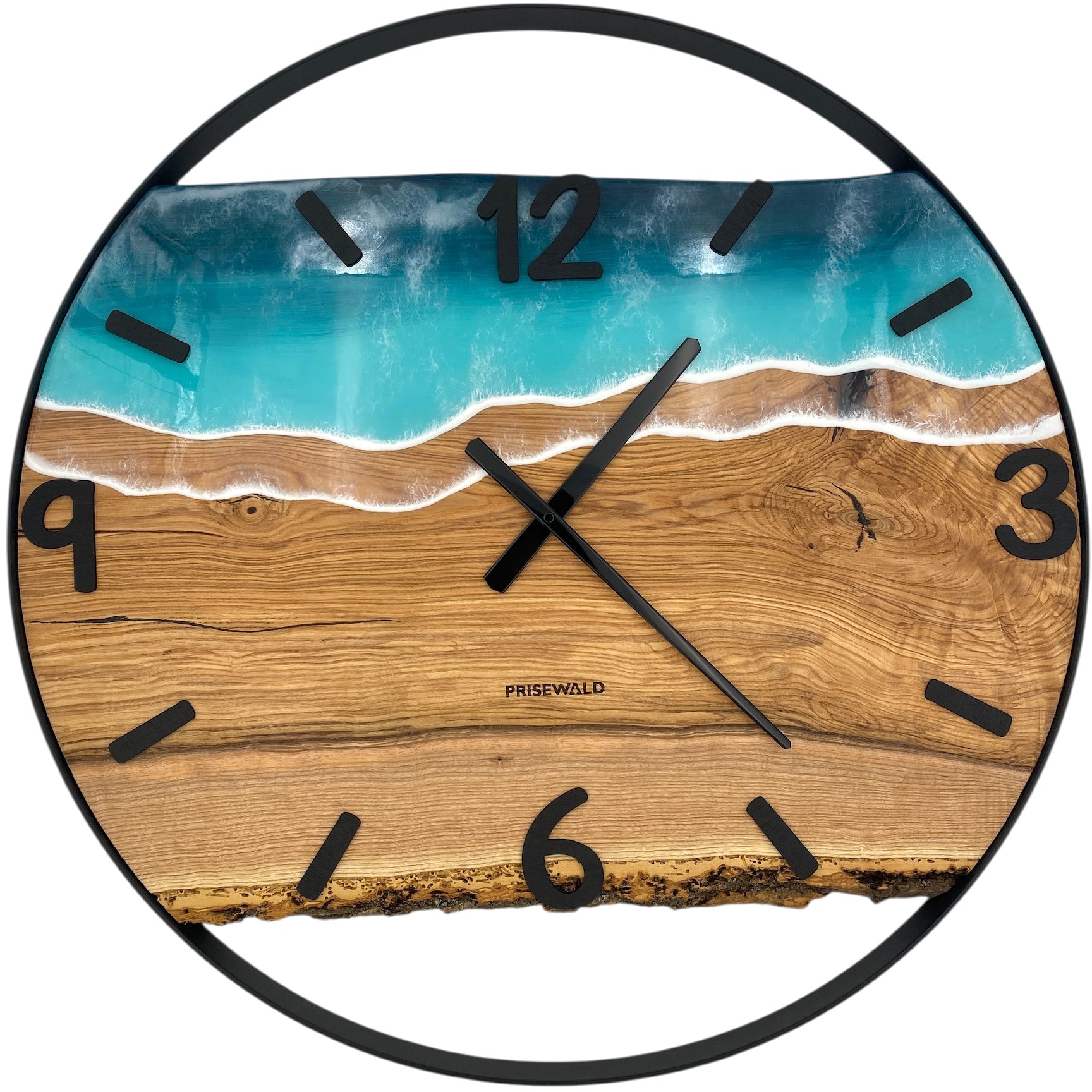 Round wall clock made of ash wood, 70 cm, black frame, Arabic numerals, blue epoxy resin